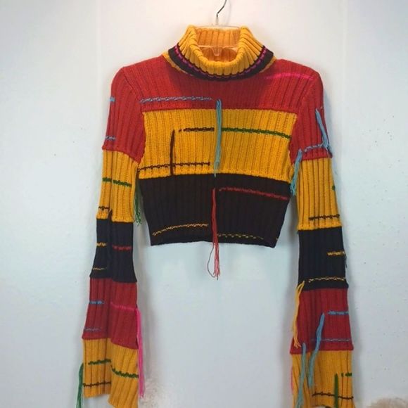 cardi.d by fashion Nova Sweaters - Cardi. D color block ribbed knit cropped long bell sleeve turtle neck / tassels